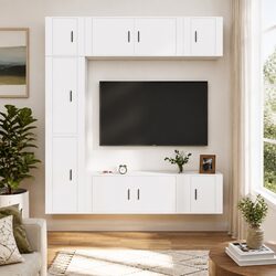 7-Piece White TV Cabinet Set, Wall-Mounted Storage