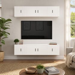 6 Piece TV Cabinet Set in White - Wall Mounted Design