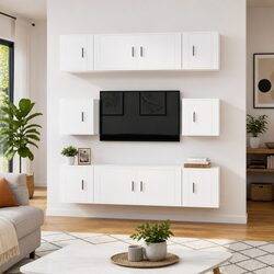 8-Piece White Wall-Mounted TV Cabinet Set in Engineered Wood