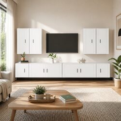 8-Piece White Engineered Wood Wall-Mounted TV Cabinet