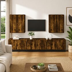 Wall-Mounted 8-Piece TV Cabinet Set in Brown Engineered Wood