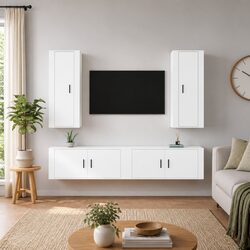 4 Piece White Engineered Wood Wall Mounted TV Cabinet