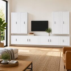 White Engineered Wood Wall-Mounted TV Cabinet Set - 8 Pieces