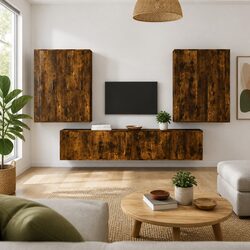 6-Piece Brown Engineered Wood Wall-Mounted TV Cabinet