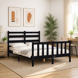 Solid Pine Wood Bed Frame in Black 135x190 cm