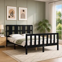Black Bed Frame 135x190 cm Made of Solid Pine Wood