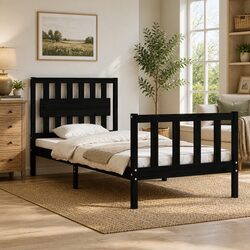 Bed Frame 90x190 cm Black Solid Pine Wood with Plywood Slats