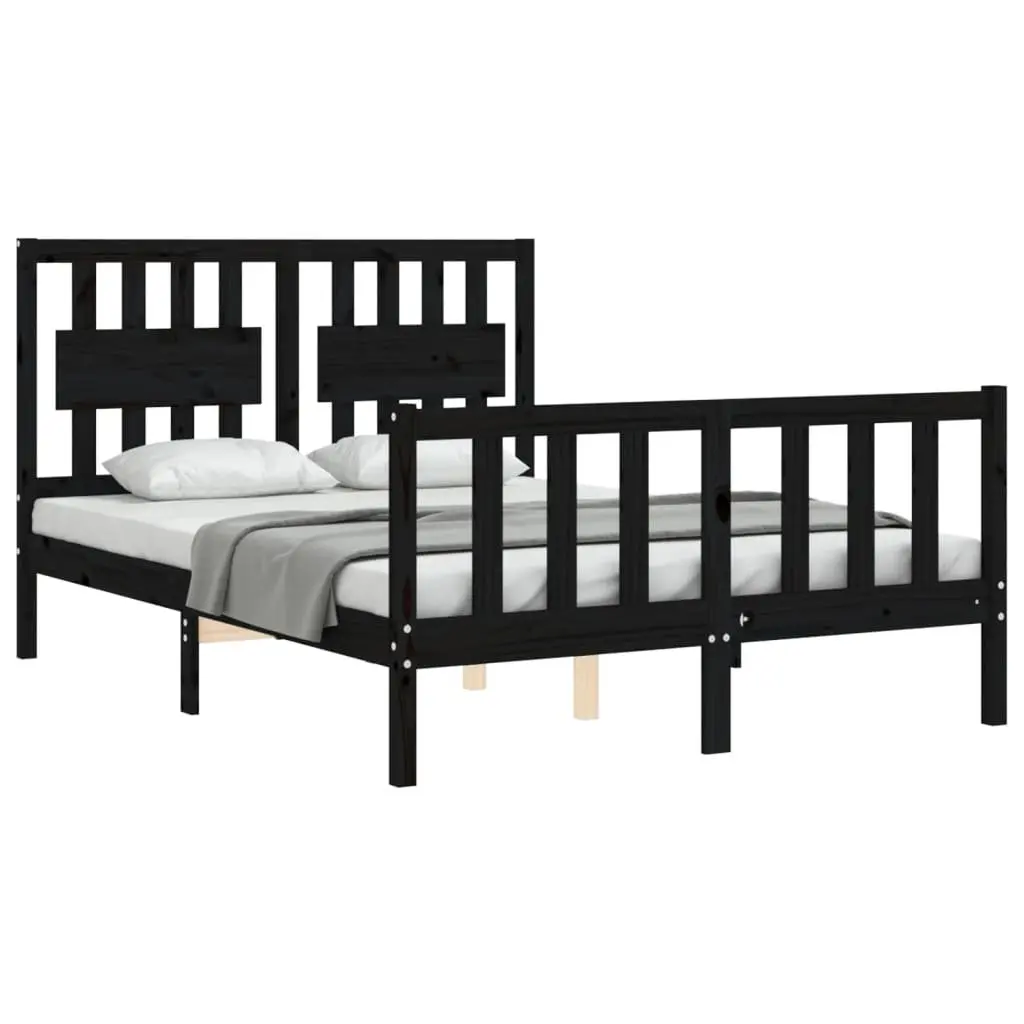 Solid Wood Pine Bed Frame 135x190 cm Black Wooden Bed with Headboard Footboard