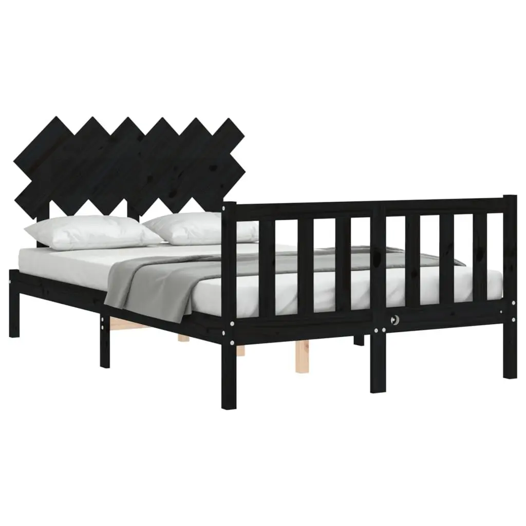 Solid Wood Bed Frame Black 135x190 cm Pine Wooden Bedroom Furniture Headboard