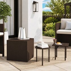 3-Piece Set of Brown Rattan Side Tables with Steel Frame