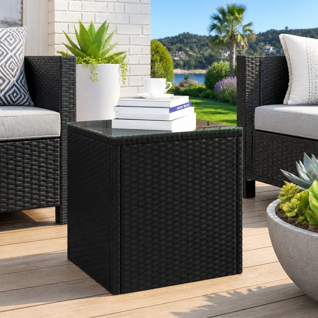 End Table Weather Resistant Black 40x37x40.5cm Poly Rattan Tempered Glass Top Side Coffee Table
