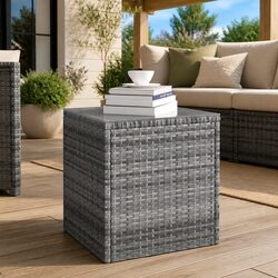 Outdoor Side Table with Tempered Glass and Poly Rattan