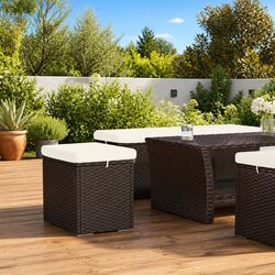 Outdoor Ottoman Footrest with Cushion in Brown Rattan