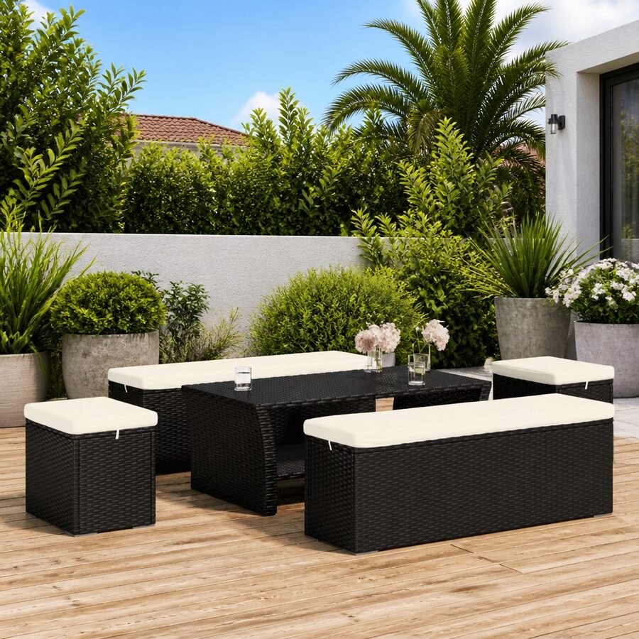 Black PE Rattan Ottomans Set of 2 with Cushions