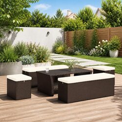Set of 2 Outdoor Ottomans with Cushions - Brown Poly Rattan