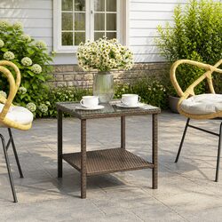 45x45x45cm Brown Side Table with Glass Top and Shelf