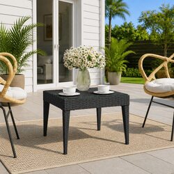 Black Side Table with Tempered Glass Top and Rattan Base