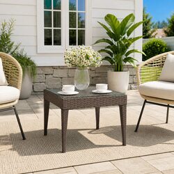 Poly Rattan Side Table with Tempered Glass 50x50x38cm