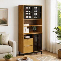 Highboard Storage Cabinet with Glass Doors and Drawers