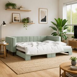 Modern Grey Velvet Daybed with Trundle - 90x190cm