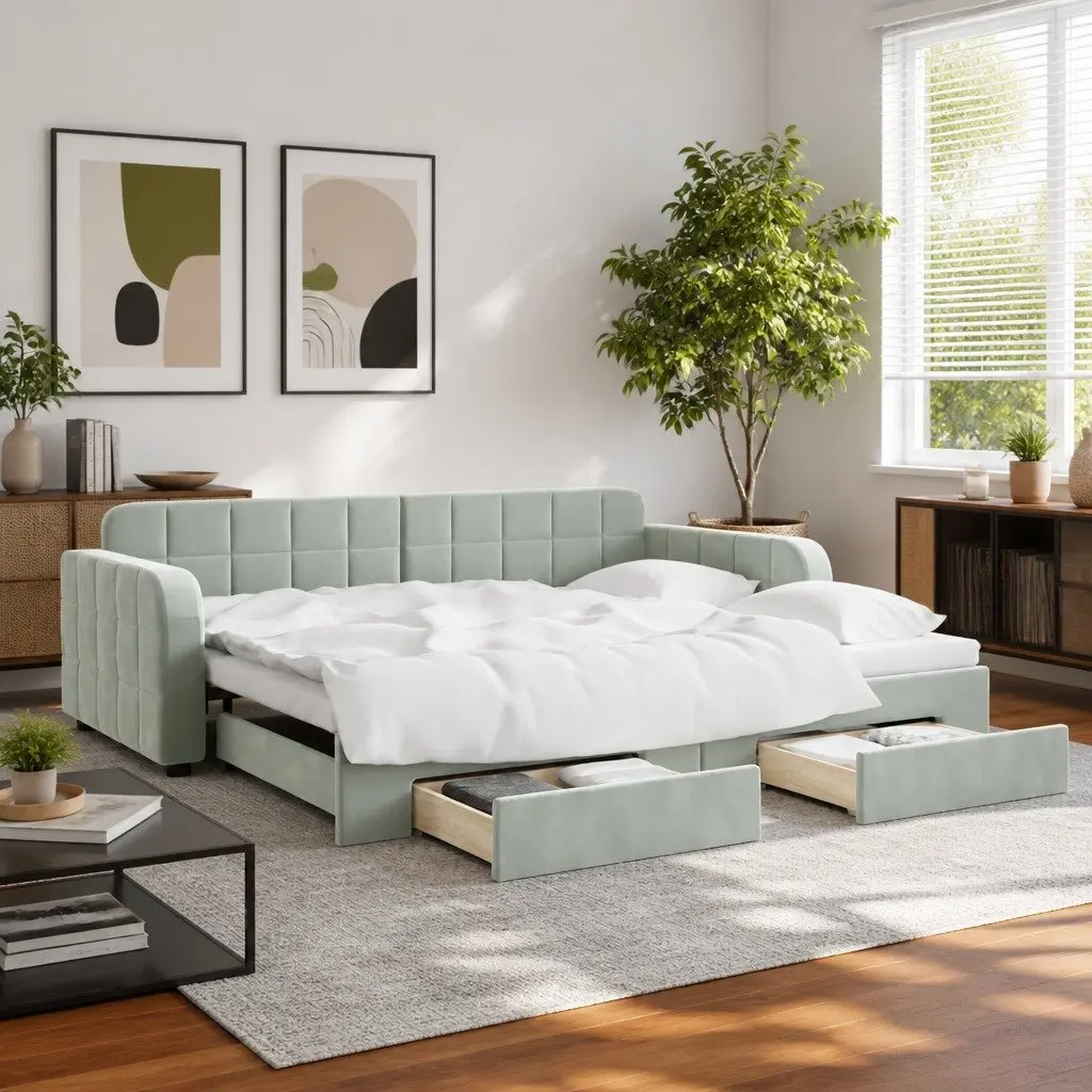 Daybed Sofa with Storage Drawers Trundle Grey 90x190cm Velvet Frame