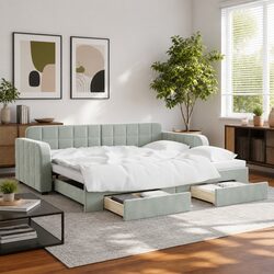 Daybed Sofa Bed with Trundle and Storage Drawers Grey 90x190cm
