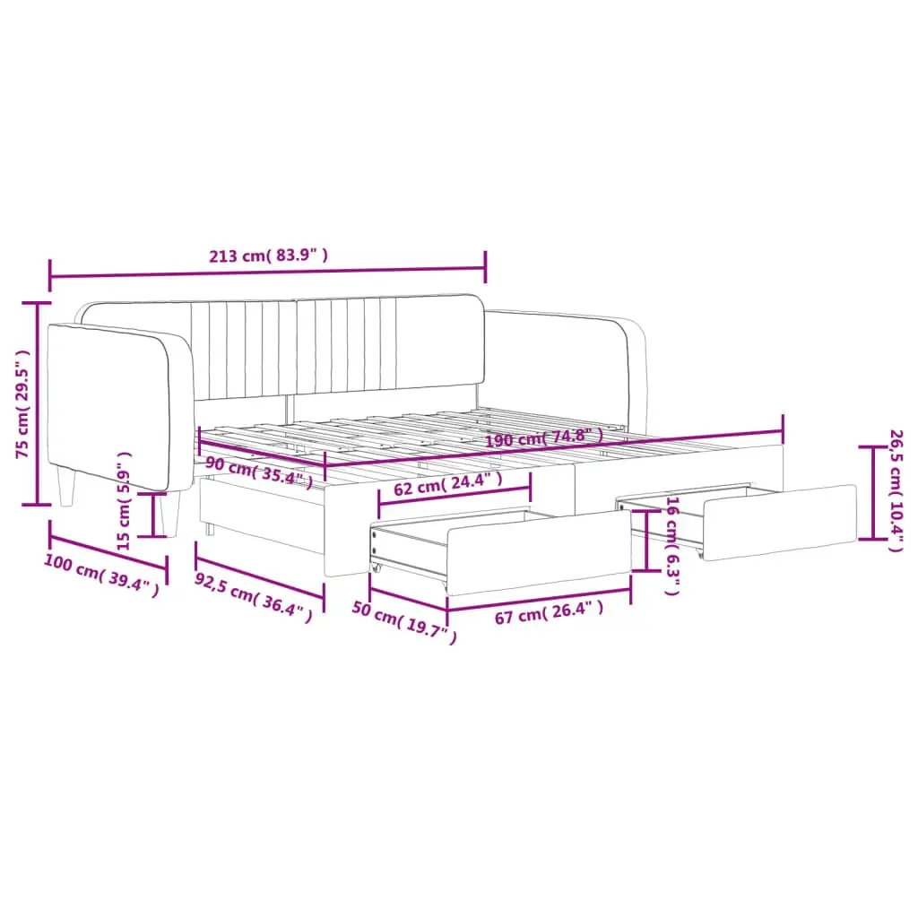 Daybed with Trundle and Storage Drawers Grey 90x190 cm