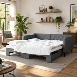 Sofa Bed with Trundle Grey Wood Metal Frame 90x190cm