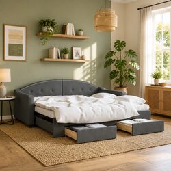 Daybed Sofa Bed with Trundle and Drawers, Grey 90x190 cm