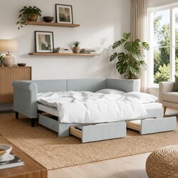 Grey Daybed with Trundle and Two Storage Drawers