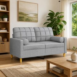 Grey Fabric 2-Seater Sofa with Metal Frame and Pillows