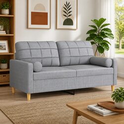 Compact 2-Seater Sofa in Light Grey Fabric with Cushions