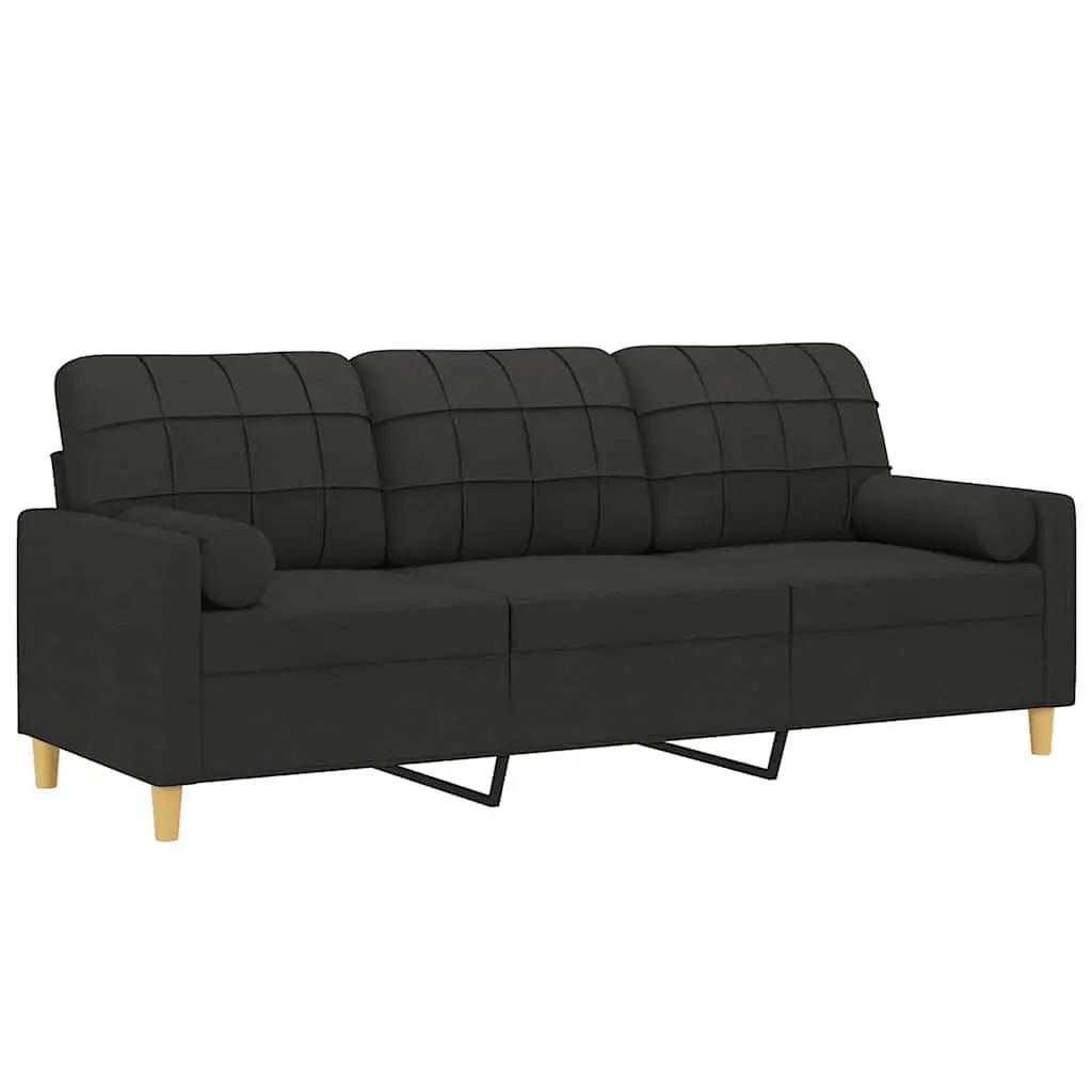 3-Seater Sofa Black Fabric Modern Lounge Couch with Throw Pillows 180cm Living