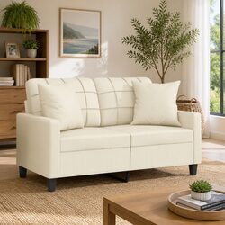 2-Seater Sofa in Cream Faux Leather with Pillows