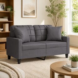 2-Seater Sofa in Grey Faux Leather, 120cm with Pillows