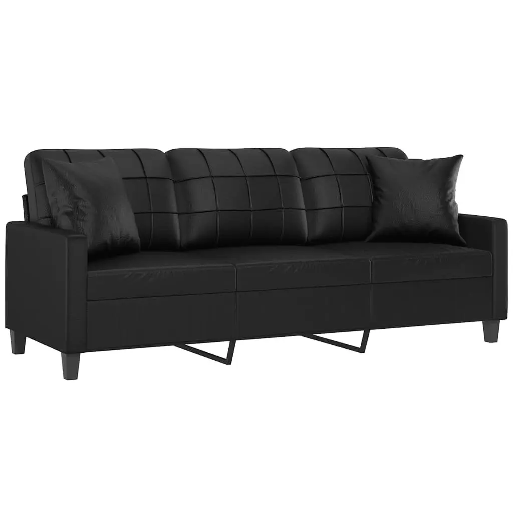 3-Seater Sofa Black Faux Leather Modern Design Lounge Couch with Throw Pillows