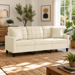 180cm 3-Seater Sofa in Cream Faux Leather with Pillows