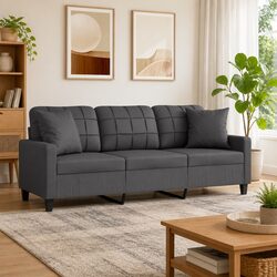 3-Seater Sofa Grey Faux Leather, 180cm with Throw Pillows