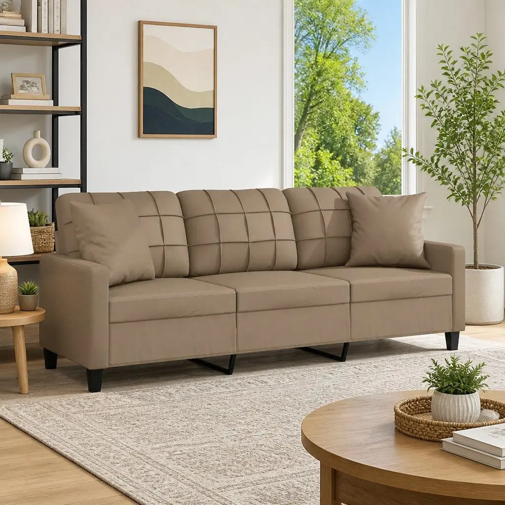 3-Seater Sofa Brown Faux Leather Modern Lounge Couch with Throw Pillows 180cm