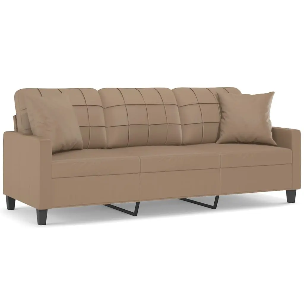 3-Seater Sofa Brown Faux Leather Modern Lounge Couch with Throw Pillows 180cm