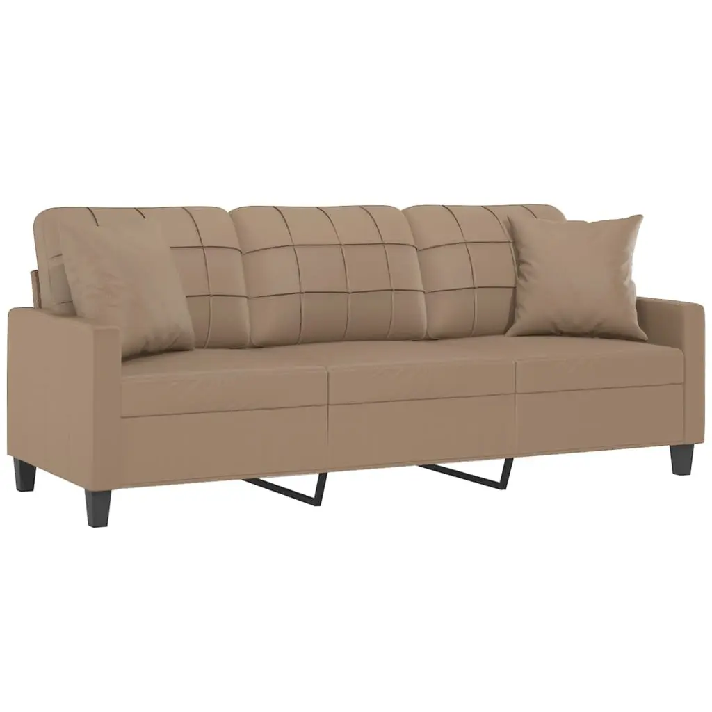 3-Seater Sofa Brown Faux Leather Modern Lounge Couch with Throw Pillows 180cm