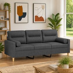 Modern 180cm 3-Seater Sofa in Dark Grey Fabric