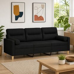 Modern 3-Seater Sofa in Black Fabric with Throw Pillows 180cm