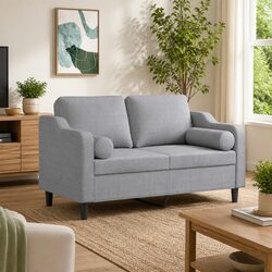 Compact 2-Seater Sofa in Grey Fabric with Pillows