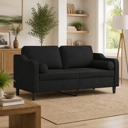 140cm Black Fabric 2-Seater Sofa with Pillows