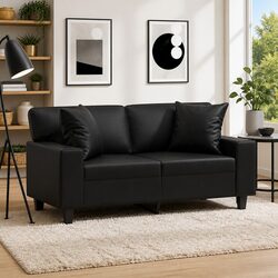 Modern 2-Seater Sofa with Black Faux Leather and Pillows