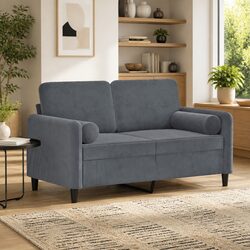 2-Seater Sofa Grey Velvet with Metal Frame and Cushions