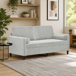 Compact 2-Seater Sofa in Grey Velvet with Throw Pillows