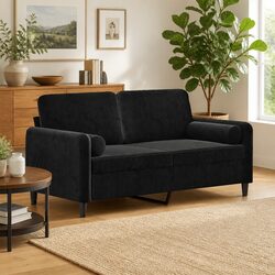 140cm Black Velvet 2-Seater Sofa with Pillows