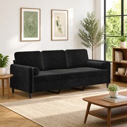 3-Seater Lounge Sofa in Black Velvet with Cushions